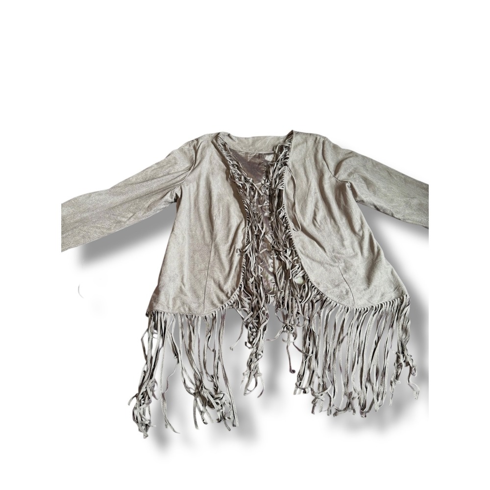 Wrangler Fringe Jacket Western Festival Boho Faux Suede Gray Size L